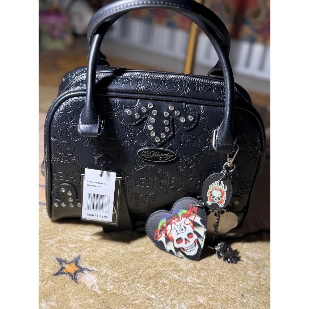 ED‎ Hardy Skull Studded Black Satchel Handbag Charms Shoulder Strap MSRP $89.99
